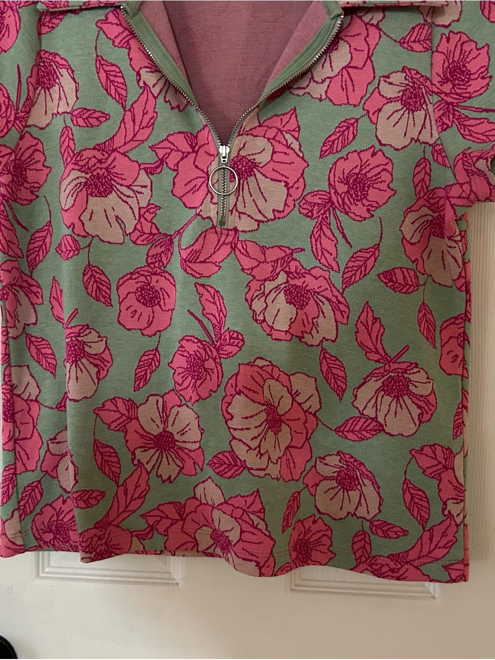 Maeve Anthropologie Floral Jacquard Sz M Quarter Zip Polo Top Pink Green Preppy - Picture 4 of 13